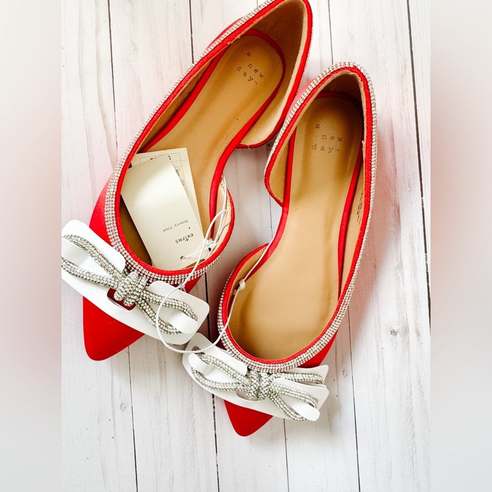 A New Day Red and Silver Flats with Crystal Rhinestone Bow - New